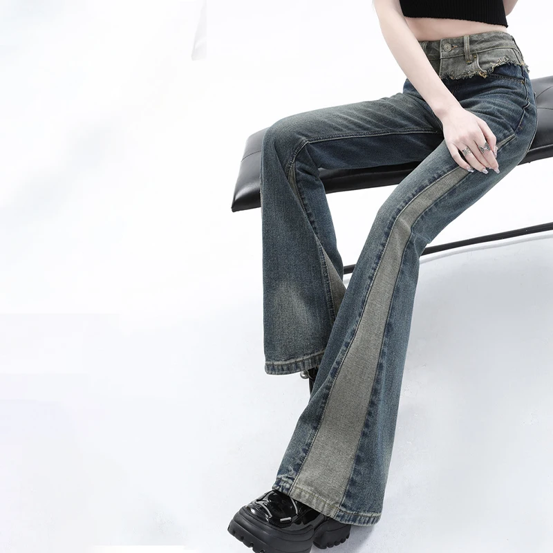 American High Street Slim Fit Raw Edge Patchwork Jeans, Micro Jeans queimado, cintura alta