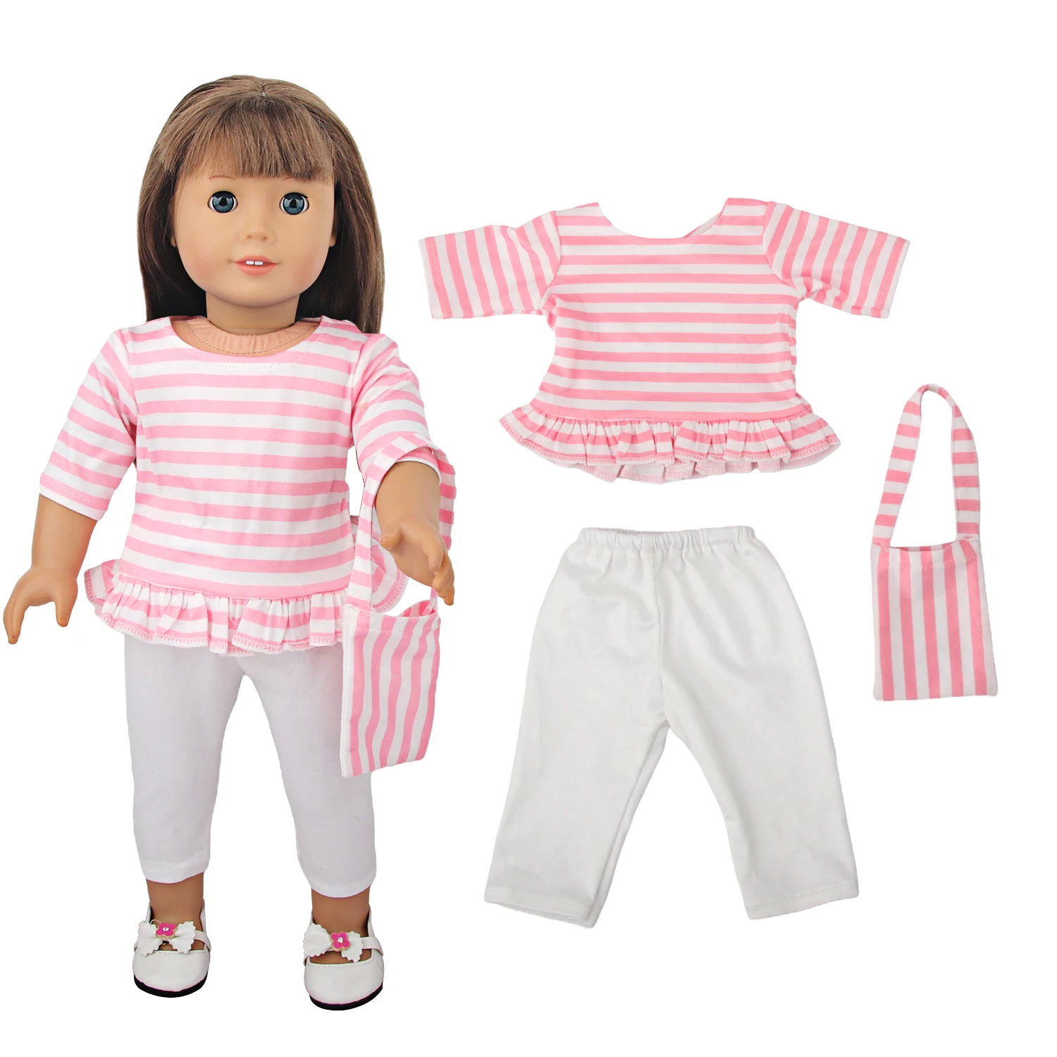 Doll Clothes Pink Striped T-shirt+White Pants+Handbag Clothes Set For 18 Inch American&43cm Baby New Born,OG Girl Doll Gift