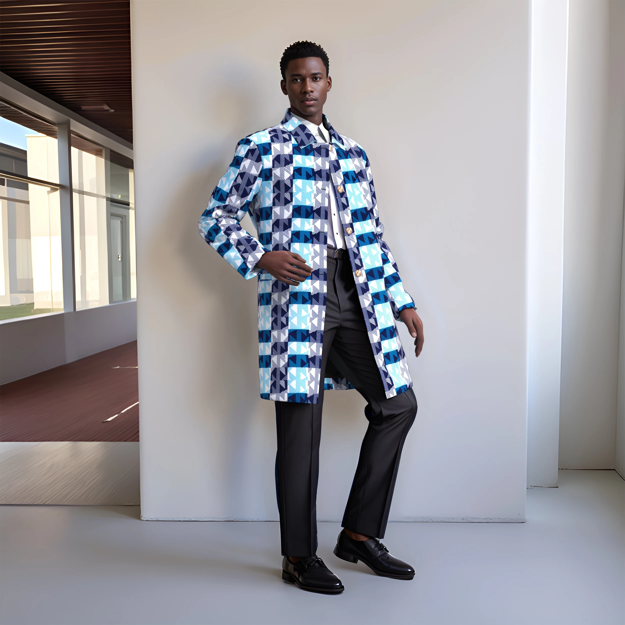 Men's Vibrant African Ankara Print Long Coat Geometric Floral Pattern Overcoat for Fashionable Casual Blazer WYN2313