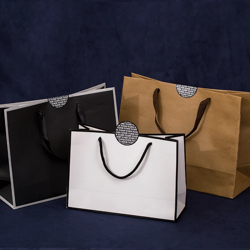 10pcs Large White Kraft Paper Packaging Bag Garment Gift Paper Bag with Handles Small Black Paper Shopping Bag