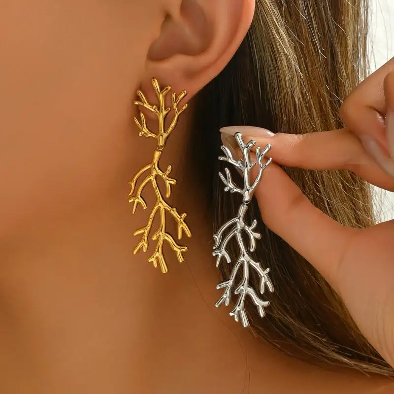 الفولاذ المقاوم للصدأ شجرة فرع أقراط للنساء فاسق شرابات طويلة معدنية المرجان إسقاط أقراط سحر الأذن مجوهرات اكسسوارات الفتيات #2