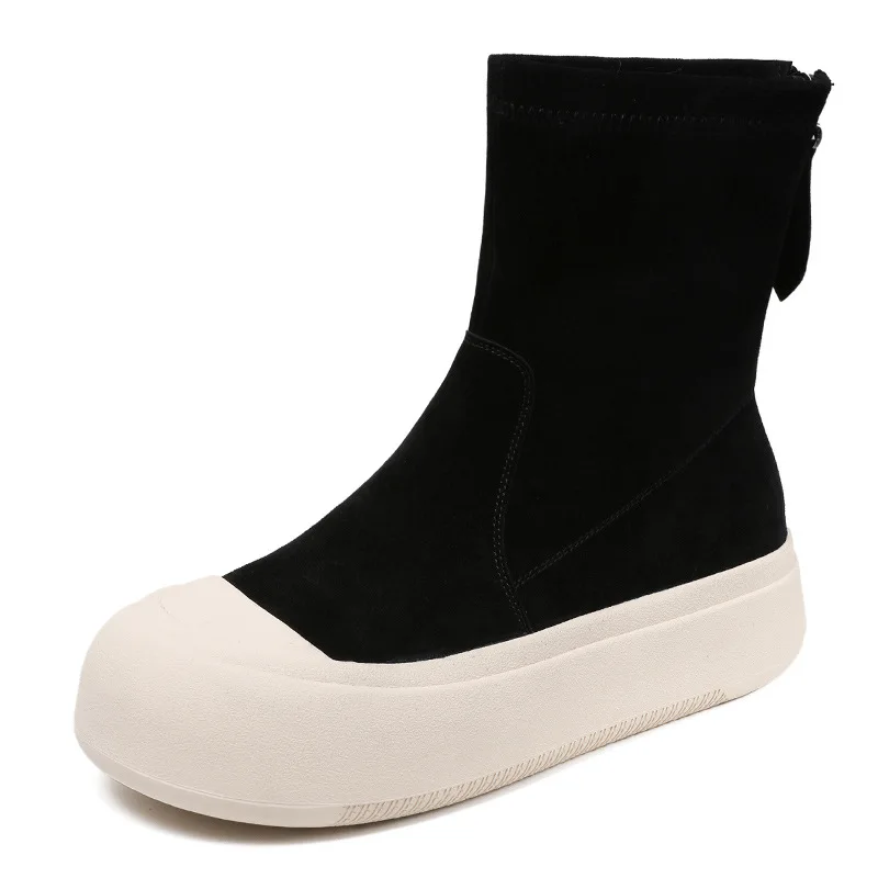 2024 Fashion Thick Bottom Mid Calf Boots Women Sheepskin Suede Round Toe Back Zipper Flat Platform Skinny Socks Boots image 2