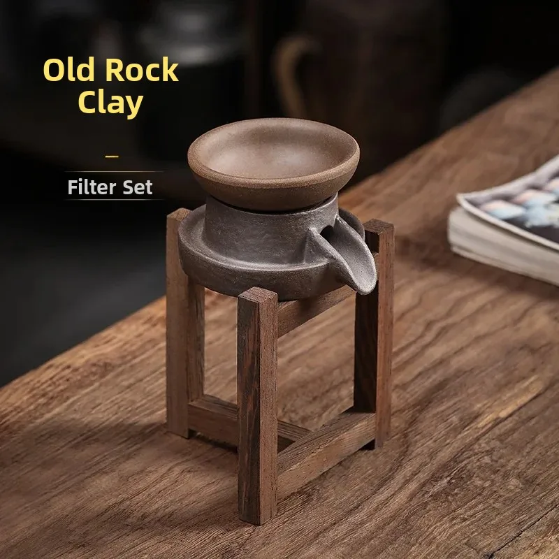 Handmade Old Rock Clay Filter Group with Chicken Wing Wood Stand Tea Strainer Tea Leaf Net for Tea Set Accessories Vintage Style