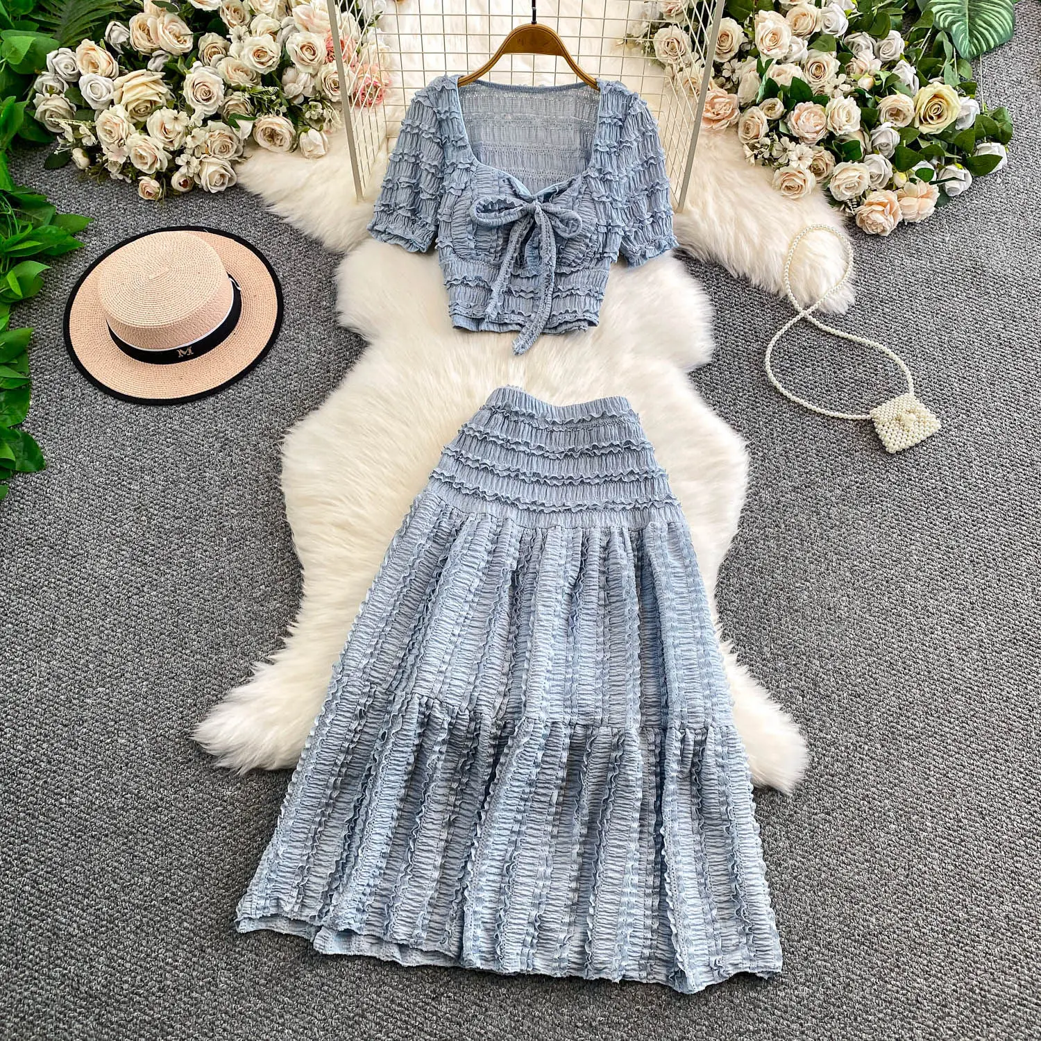 

Elegant short sleeve square neck pleated Party Club Vintage Korean Fashion Women Clothes Two Piece Set