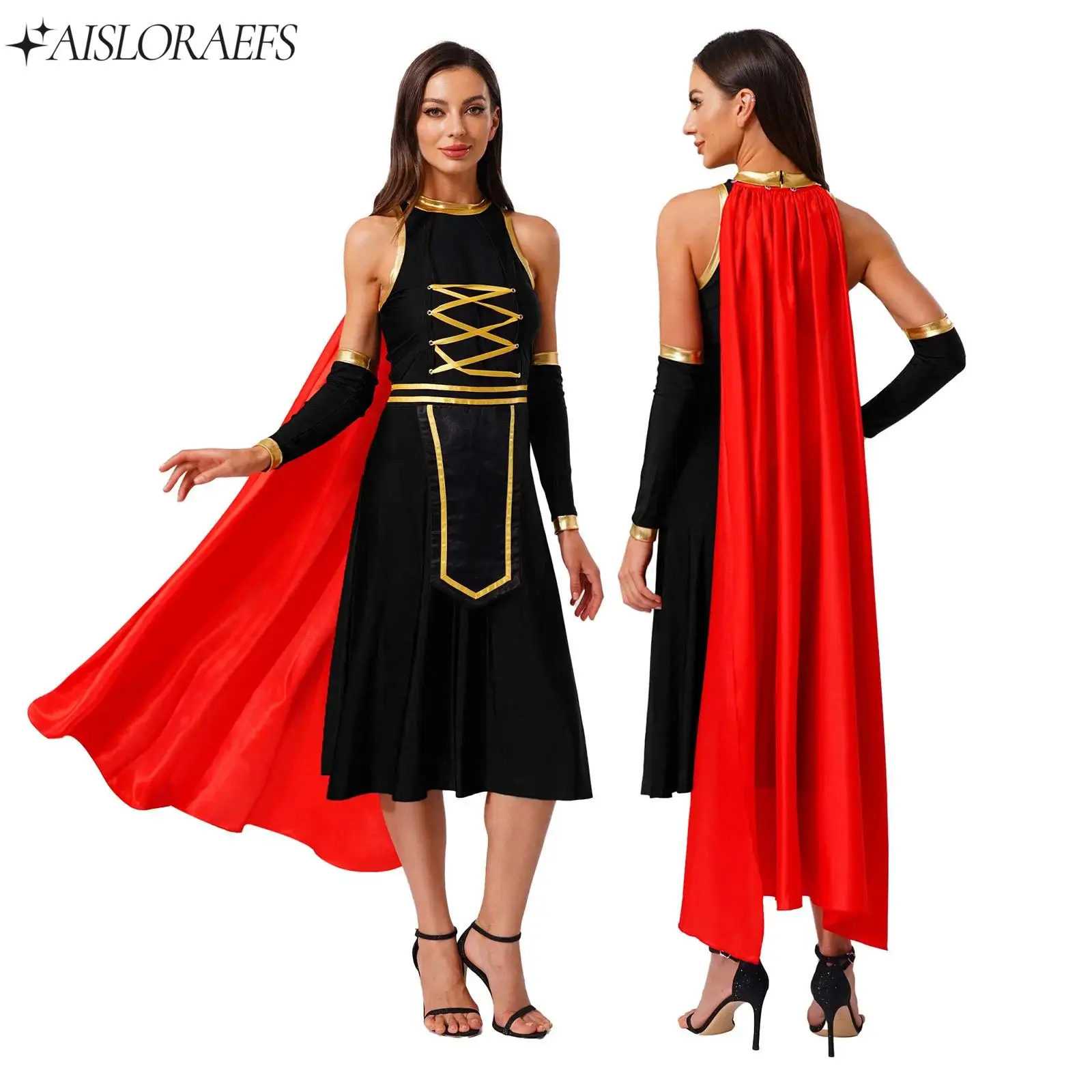 Disfraz de guerrera romana antigua para mujer, vestido de Color contrastante, mangas desmontables y capa, disfraz de gladiador