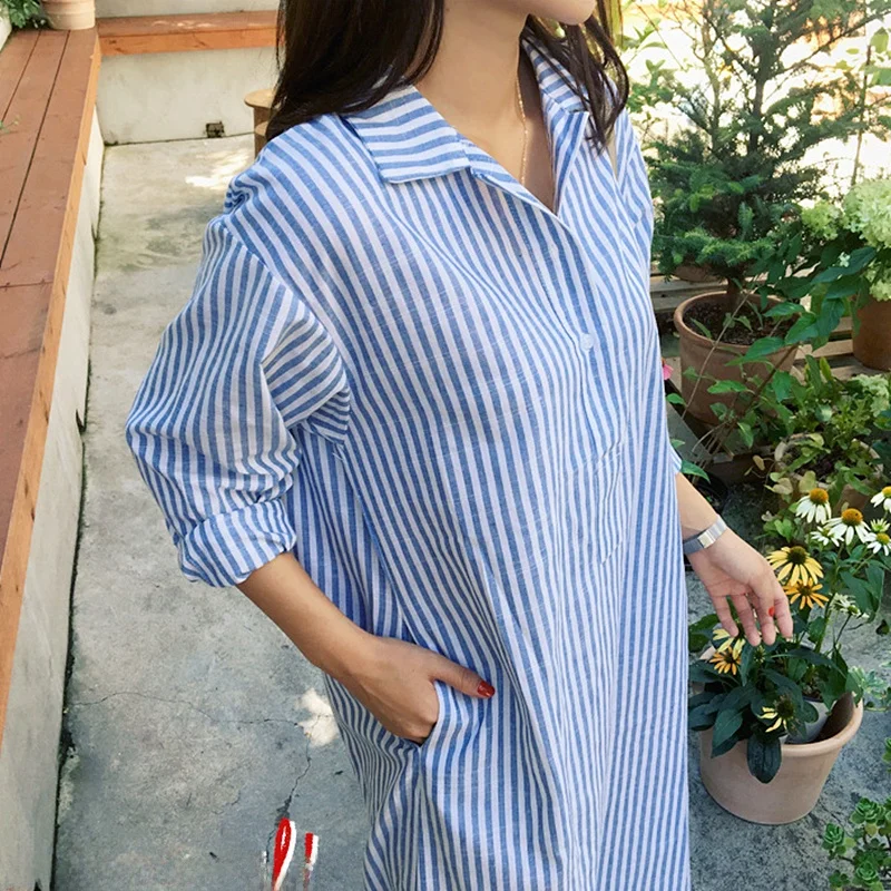 Bleu blanc rayé taille cintrée irt Dr femmes ample longue coton coréen Sle col de trajet t-shirt bouton Long Sle...