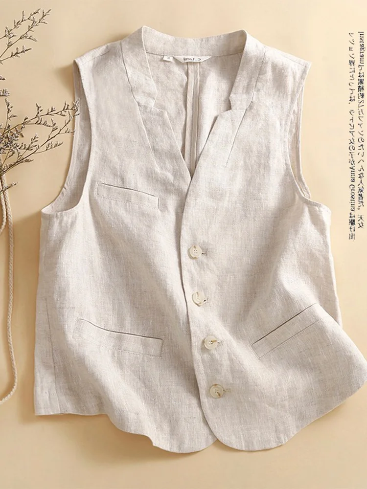Haut léger en coton et lin pour femmes, ample et décontracté, gilet d'extérieur, vêtements d'extérieur, pour les déplacements, détail de boutons v-ne, longueur ort