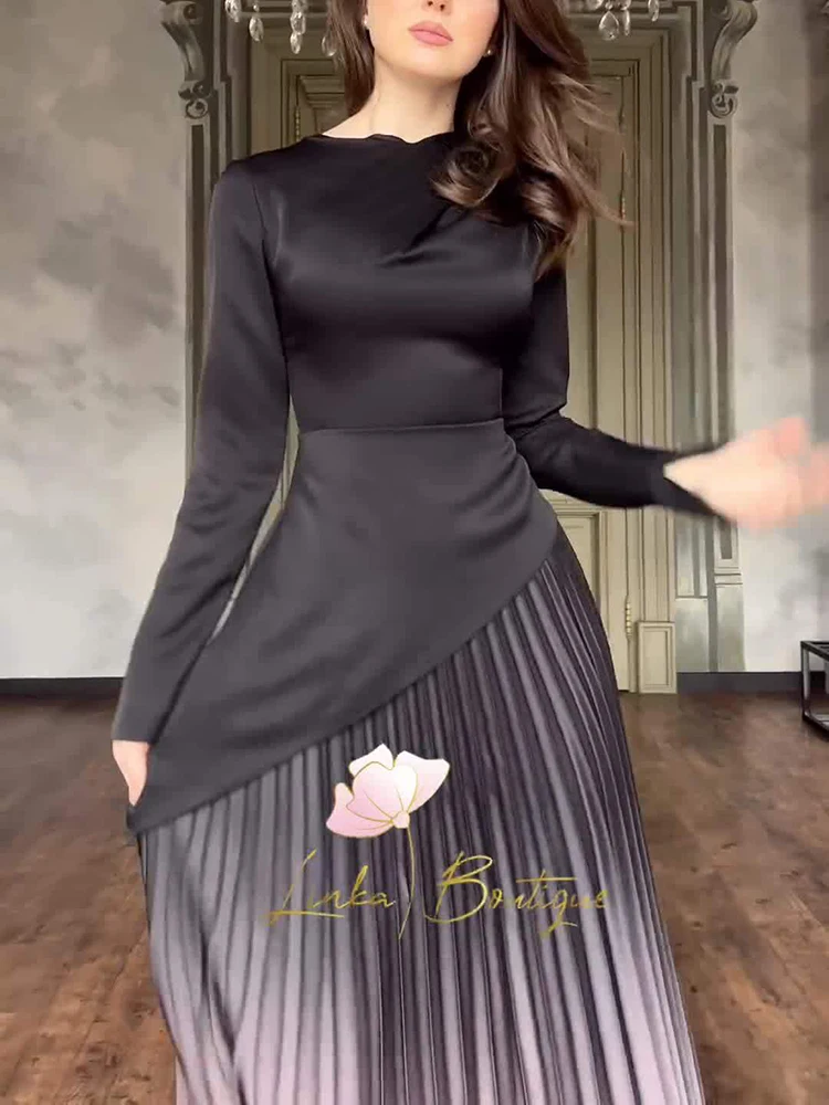 Street Tie-dyed Gradient Pleated Dresses Spring Women O-neck Long Sleeves Dress Autumn High Waist Big Swing Ankle Length Dress