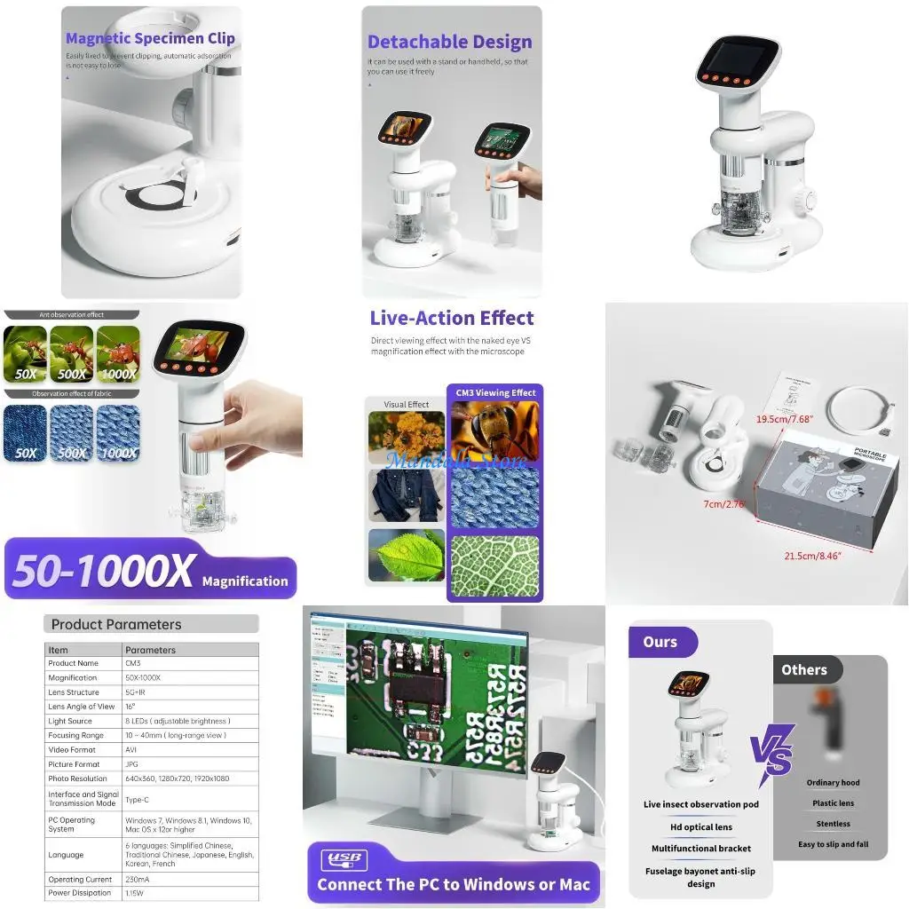 U2JC 50X-1000X Digital Screen Microscope with 8 LED Lights Photo & Video Capabilities