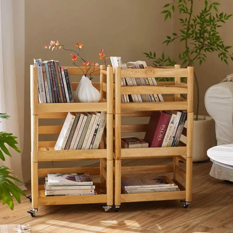 Kitchen Fruit and vegetable rack Wheeled trolley Movable bookshelf Multifunctional solid wood storage shelf