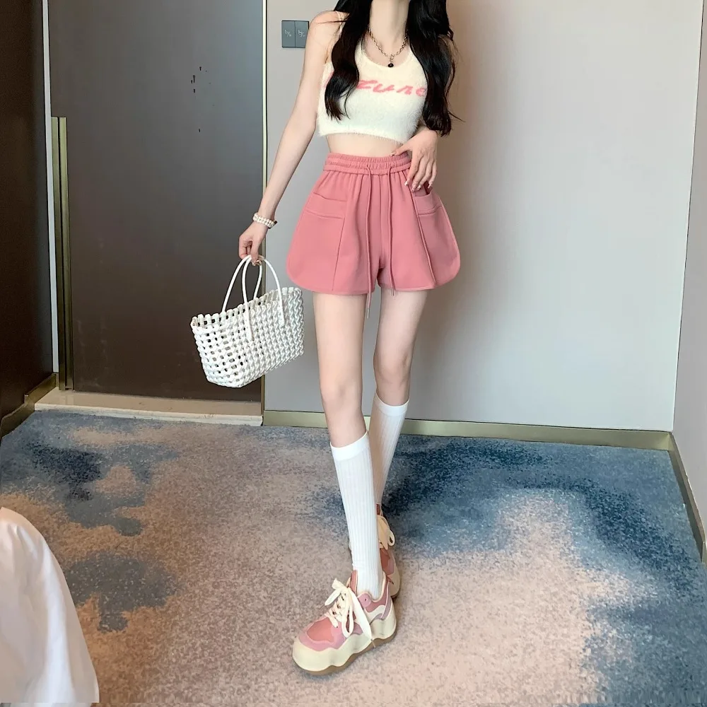 

New High Waist Casual Pants All Match Loose Fit Summer Shorts Solid Color Elastic Waist Pants Summer