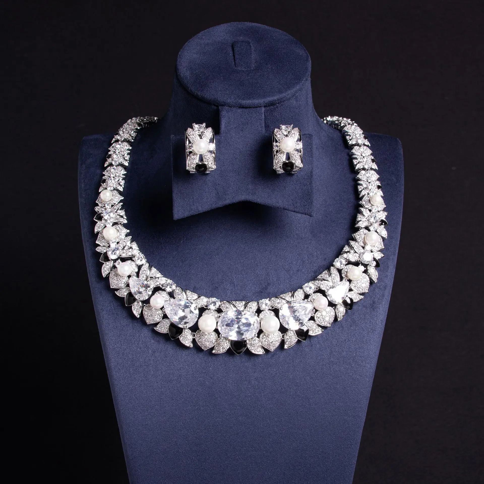 Hip Hop Colourful Zirconia Pearls Necklace Earrings Jewellery Set Women Bridal Wedding Party With Dress Accessories M-279