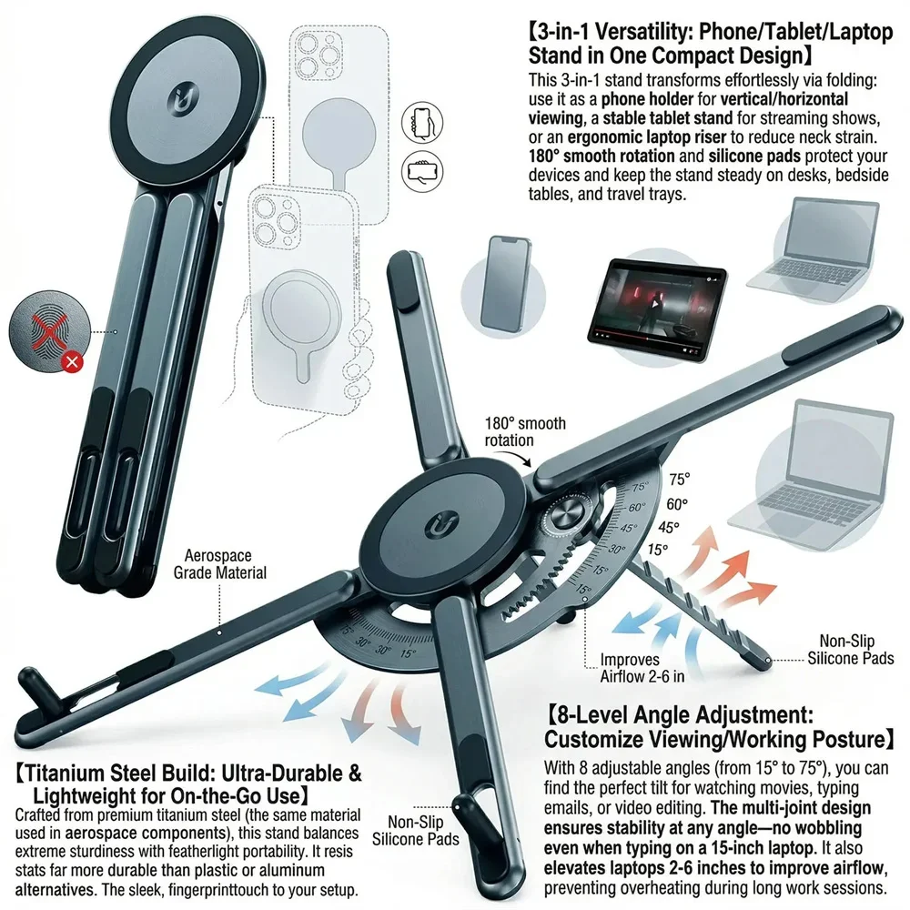 Laptop-Ständer aus Aluminiumlegierung, faltbar, magnetisch, Schreibtisch-Telefonhalter, tragbar, verstellbar, Selfie-Stick-Stativ für Telefon, Tablet, Laptop – Detail 1