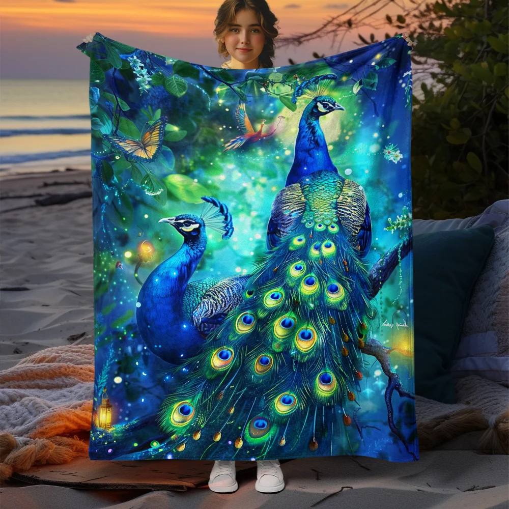 Exotic Peacock Magic Forest Throw Blanket Vivid Teal Blue Feathers Butterfly Wildlife Art Cozy Soft Cover For Swing Chair
