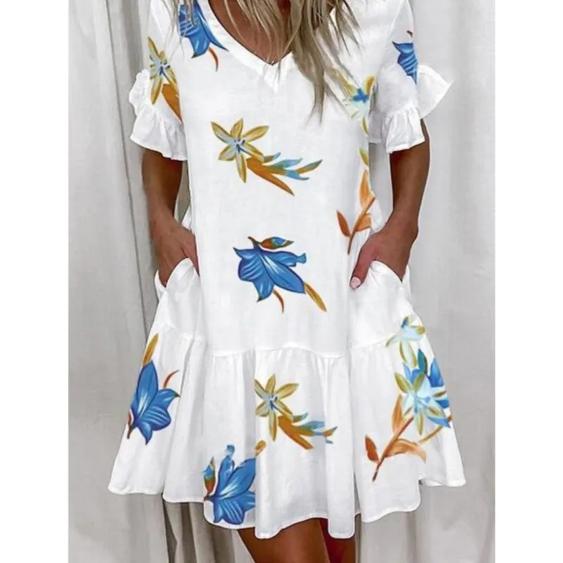 

Summer Fashion Floral Print V-Neck Loose Mini Dresses Women Elegant Ruffles Short Sleeve Pockets Dress 2024 Casual Beach Dress