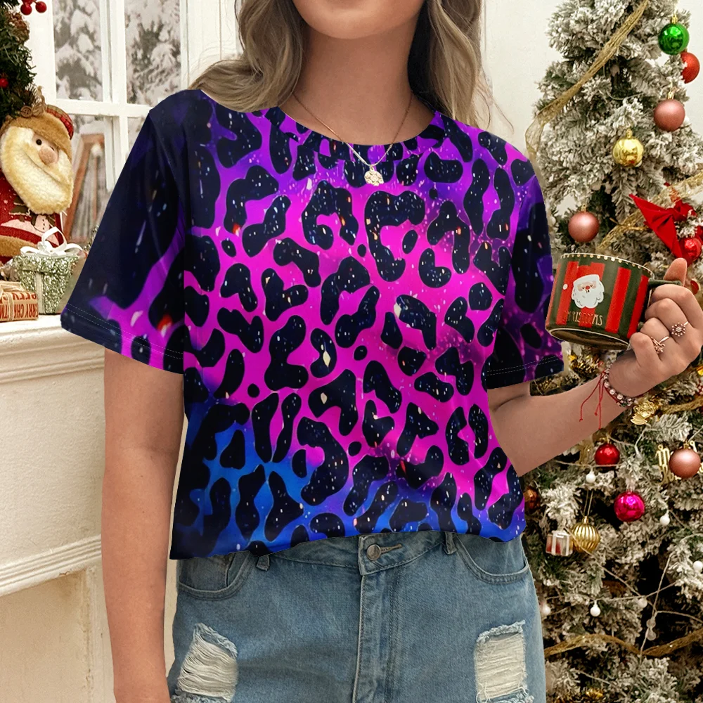 핑크와 블랙 레오파드 패턴 여성 티셔츠 - 캐주얼 패션 스타일 여름 라운드 넥 반팔