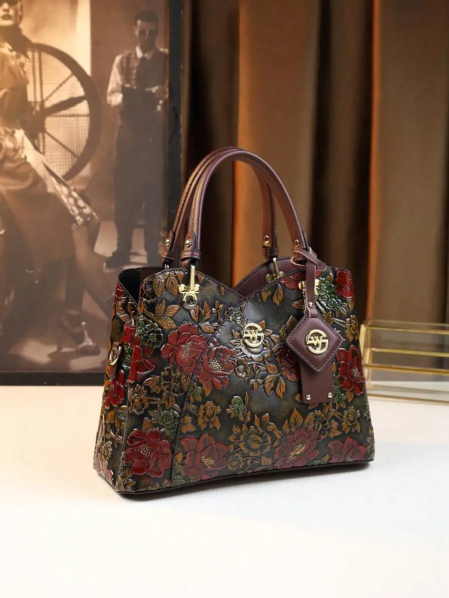Handpainted & Carved Discoloration Vintage Embossed Feel Ladies Handbag, Mother's Day Gift For Mom,