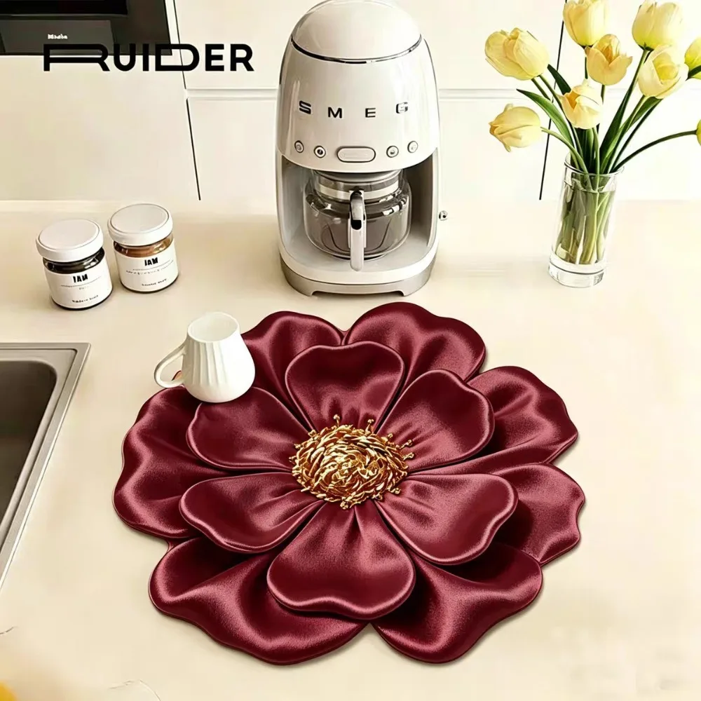 3D Flower Design Kitchen Drying Mat Satin Like Surface Water Absorbent Dish Draining Mat Colorful Oil Resistant