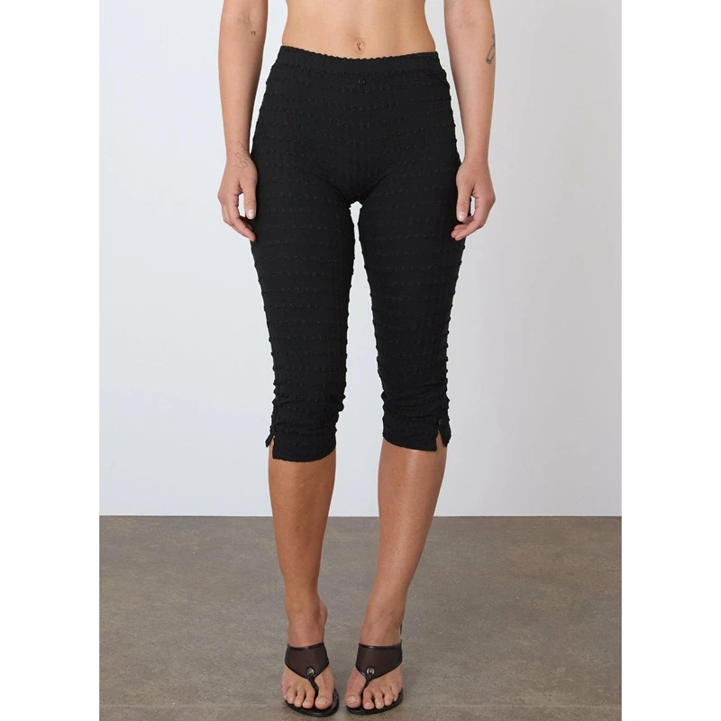 Womens Y2K Vintage Solid/Plaid Textured Pattern Cropped Leggings Elastic High Waist 3/4 Length Slim Pants with Side Split Hem