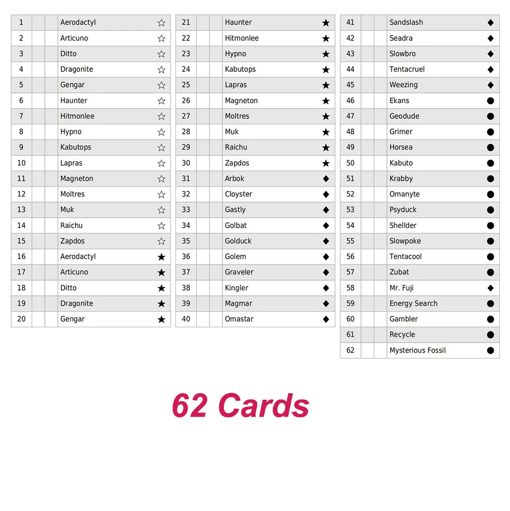 مجموعة كاملة من بطاقات الغابة PKM 62 بطاقة Dragonite Aerodactyl Gengar Raichu بطاقات الوكيل Foil PTCG لعبة جمع بطاقات اللعب #6