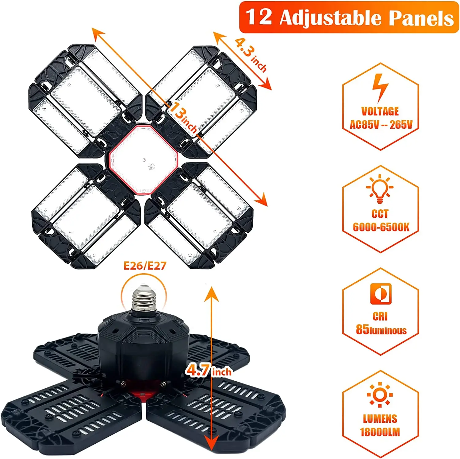1-2 PCS Deformable LED Bulb Garage Light with 12 Adjustable Panel LED Night Lamp E26/E27 Ceiling Lighting for Workshop Warehouse