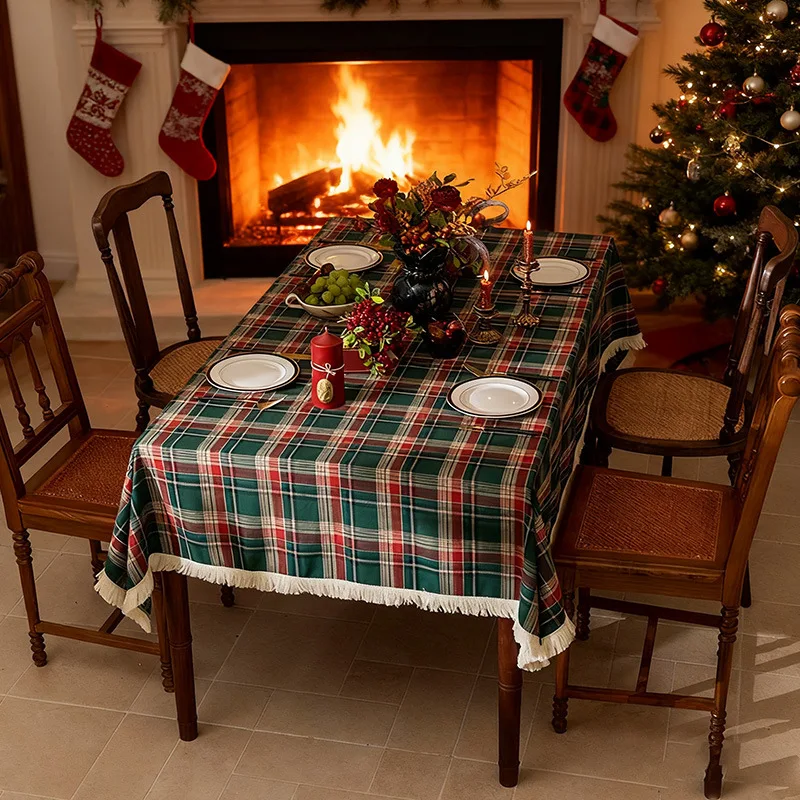 

Christmas Tablecloth Plaid for Banquet Dining Party Table Decoration Accessories Tassel Dust-proof Anti-slip Durable Washable
