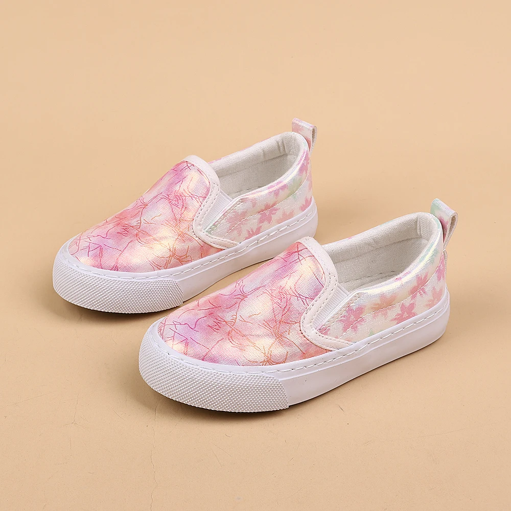 COMFY KIDS Girls' Iridescent Floral Slip-On Canvas Sneakers, Soft Non-Slip Breathable Toddler Casual Shoes, Spring Autumn Lightw