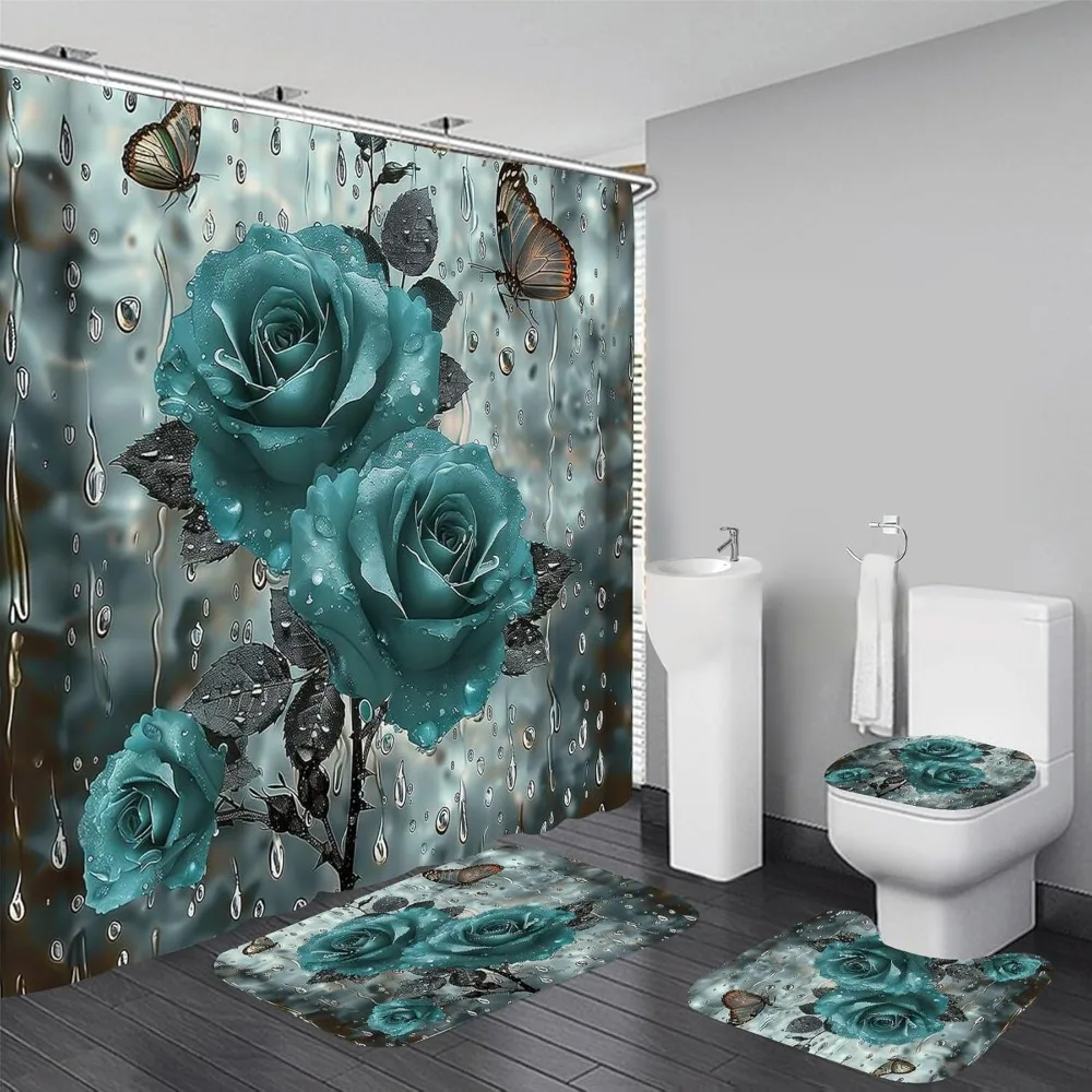 

4-х шт., комплект занавесок для душа в ванной комнате с бирюзовой розой и бабочкой, наборы для ванной комнаты с ковриками (коврик для ванной, U-образный и коврик для крышки унитаза) a