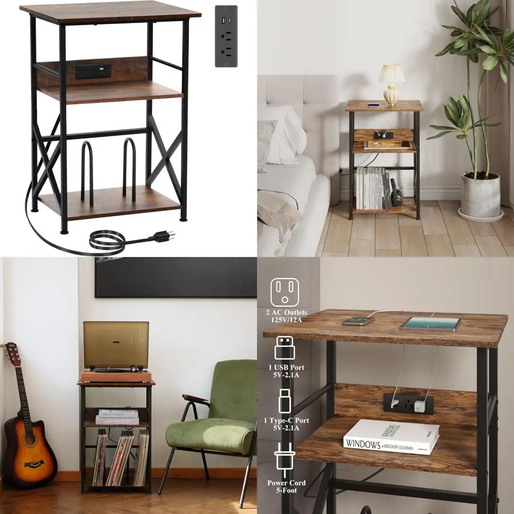 

Подставка для проигрывателя пластинок с зарядной станцией, 3-уровневый боковой столик для хранения винила на 100 винилов, торцевой столик для гостиной, спальни, деревенский B