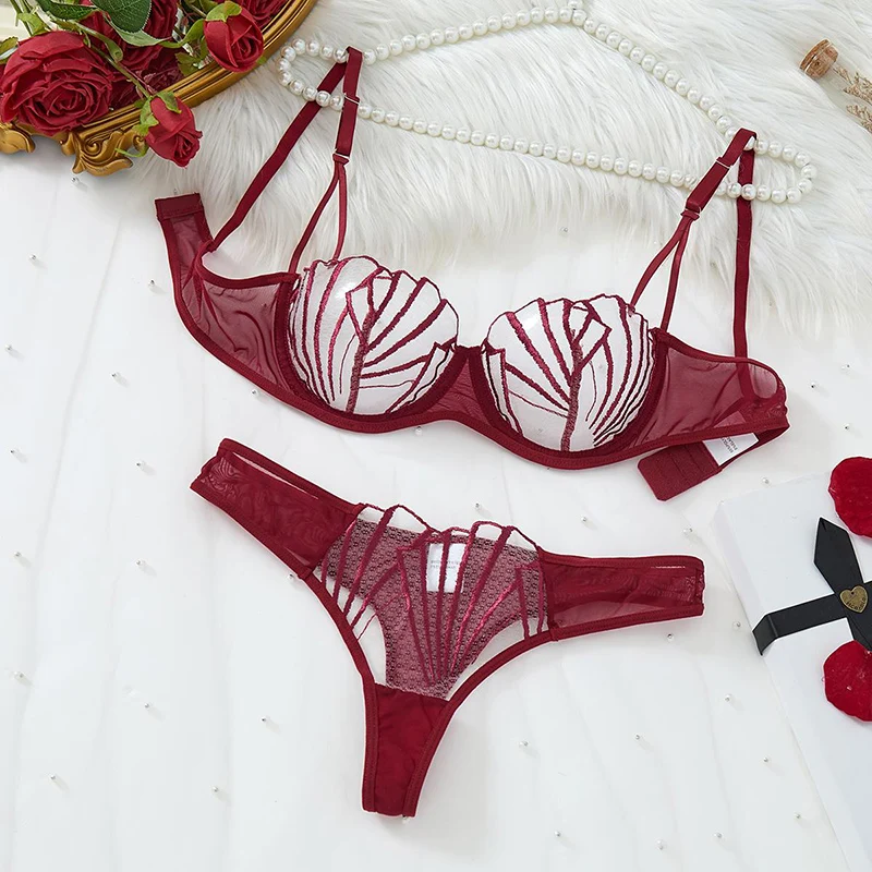 

Woman Daring Lingerie Sexy Transparent Underwear Erotic Lingerie Burgundy Bra and Panty Set Sexy Adult Ultra Thin Lingerie Set