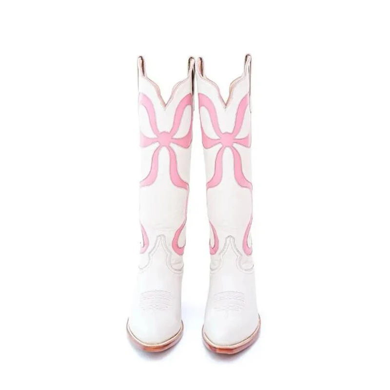 2024 New Bowknot Embroidered Western Cowboy Boots Pointed Toe Chunky Heel Mixed Color Thigh High Versatile Retro Fashion Boots