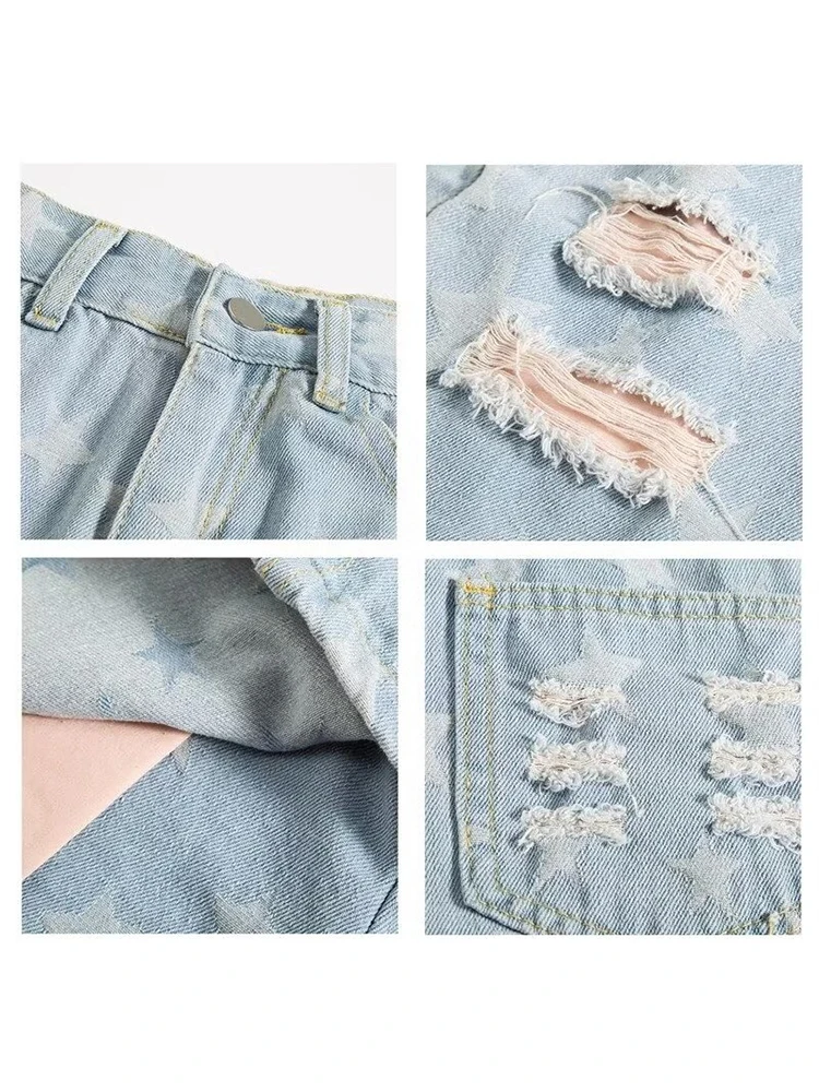 Women Light Blue Baggy Mini Star Denim Shorts Hight Waist Jean Shorts Vintage Aesthetic Y2k Emo Cowboy Short Pants 2000s Clothes