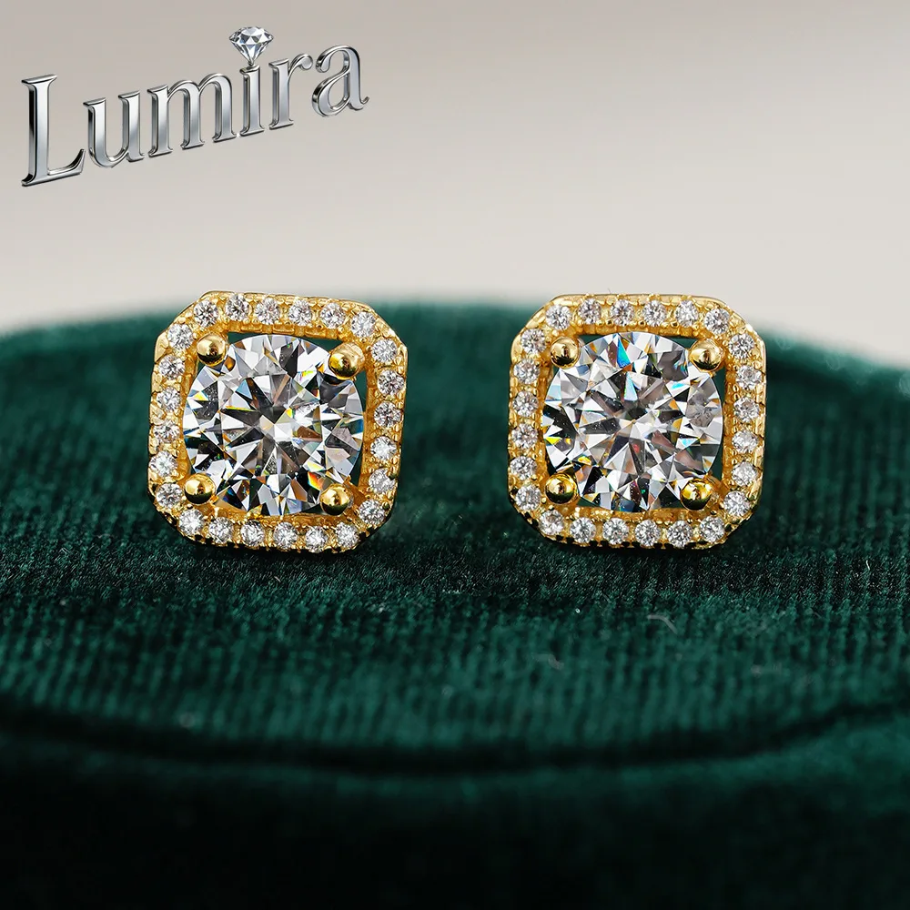 Lumira 18K Gold 100% Square-Cut Moissanite Stud Earrings Luxurious Classic High-End Design Earrings