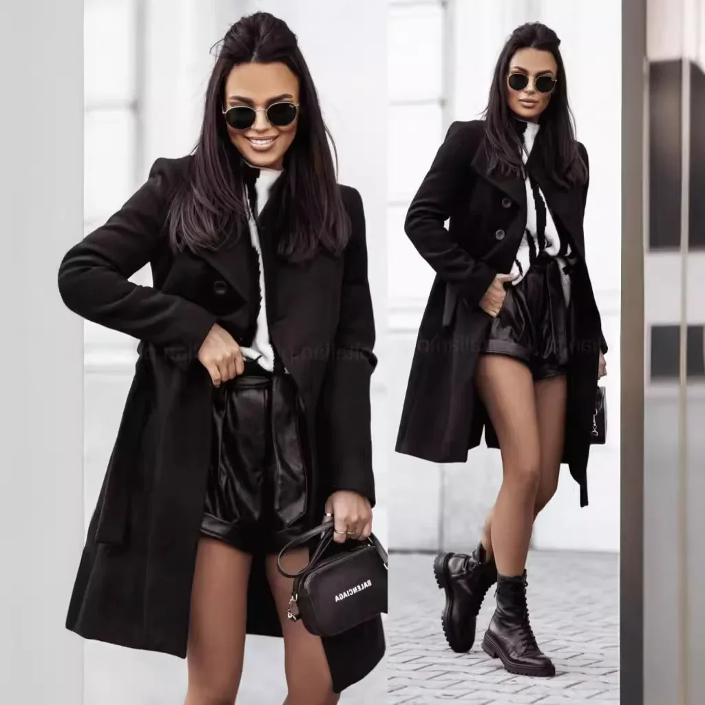 New Autumn and Winter Women's Woolen Coat Solid Color Straps Medium and Long Woolen Coat Пальто Женское