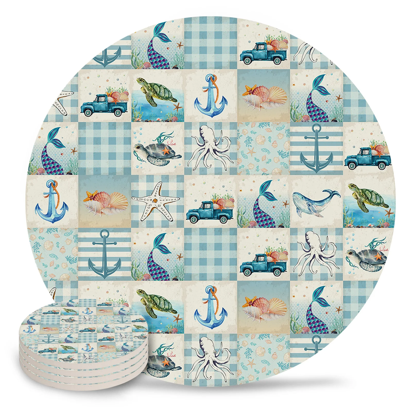 Sea Turtle Sea Star Lattice Ceramic Coaster Set Kitchen Table Round Placemat Luxury Decor Coffee Tea Cup Coasters