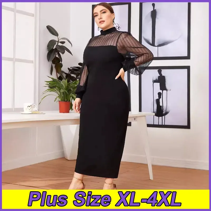 

Women Plus Size Dresses Summer New Black Mesh Splicing Lantern Slim Frock XL-4XL Sexy Elegant Mock Neck Wrap The Buttocks Clothe