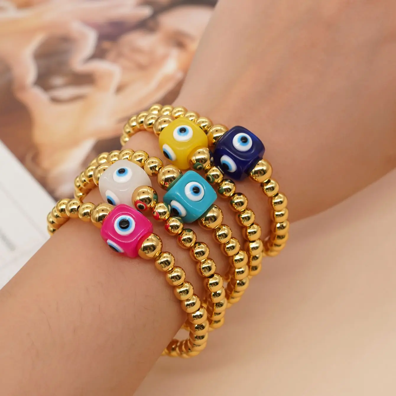 

5PCS, Vintage Resin Evil Eyes Bracelets Retro Gold Plated Beaded Devil's Eye Bracelet Women Girl Bangle Jewelry