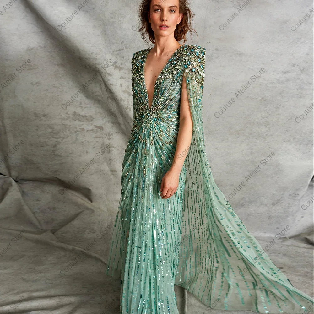 Robe de Soirée de Luxe Vert Sauge de Dubaï pour Femme, Tenue avec Perles Cape, Clip localité, pour ixde Mariage, Col en V, Cocktail, Personnalisée, 2025