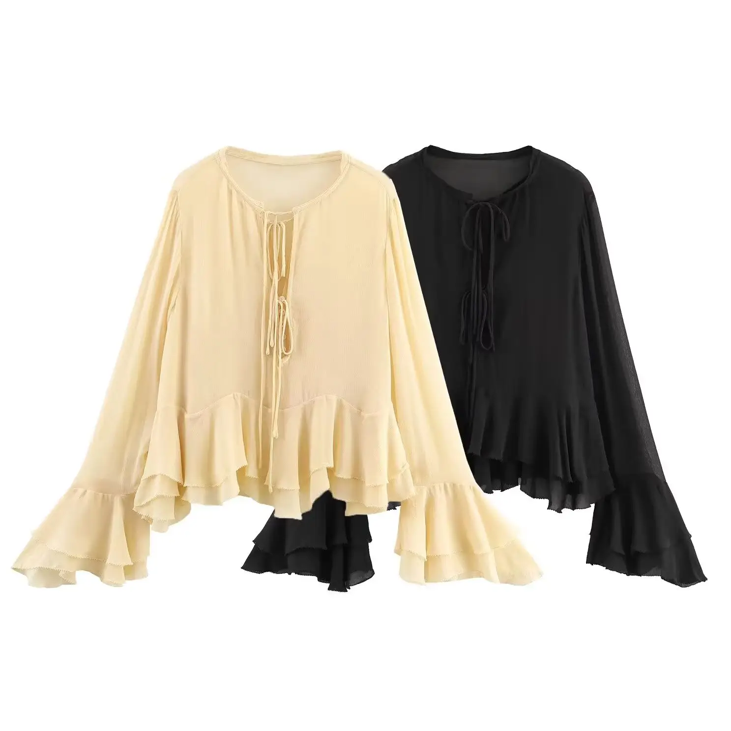 

KONDALA шикарная элегантная желтая женская блузка, повседневная многослойная модная осенняя плиссированная рубашка с расклешенными рукавами, осенняя рубашка с круглым вырезом для учителя