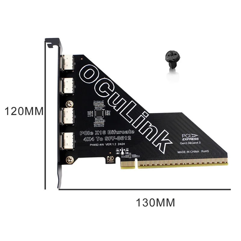 PCIE 4.0 X16 to 4Port OCulink SFF-8612 Split Bifurcation Card PCI Express GEN4 64Gb for SFF-8639 U.2 SSD External OCulink Device