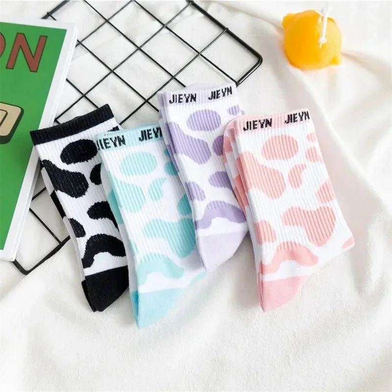 Summer Socks Cow Harajuku Japanese Cute Tide Ins Korean Men and Women Cartoon College Wind Fresh Pink Blue Purple Women's Socks