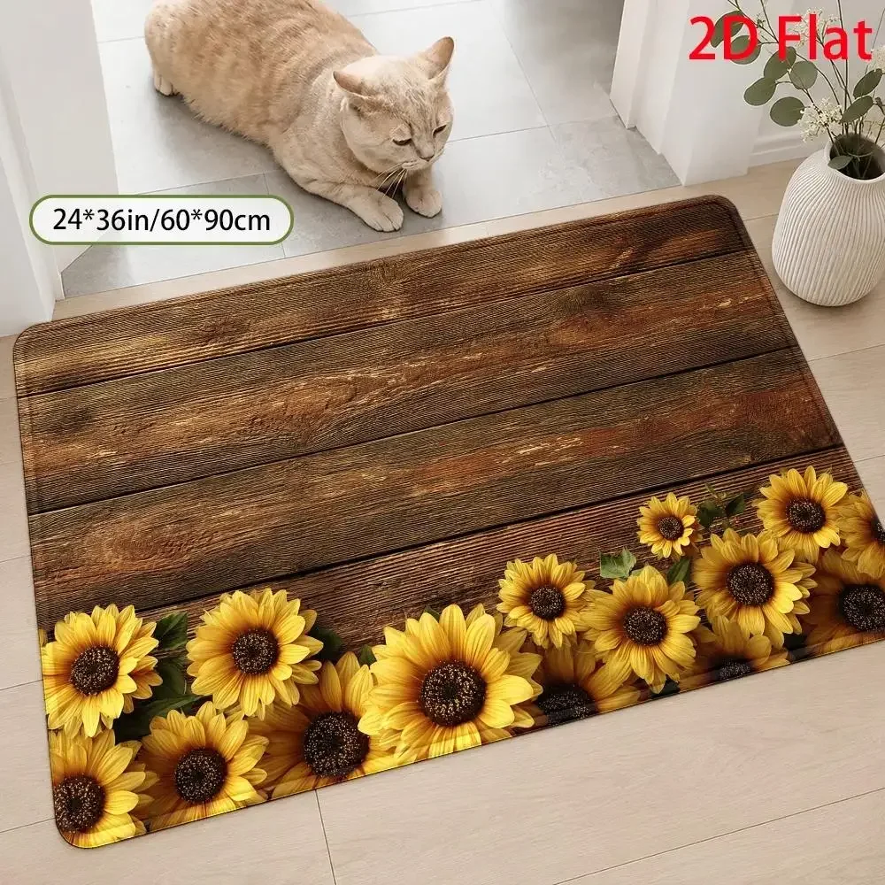 2D Flat Sunflower‑Border Themed Area Rug, Rustic Farm Painting Style, Warm Earthy Harvest‑Festival Decor,Cozy Inviting Floor Mat