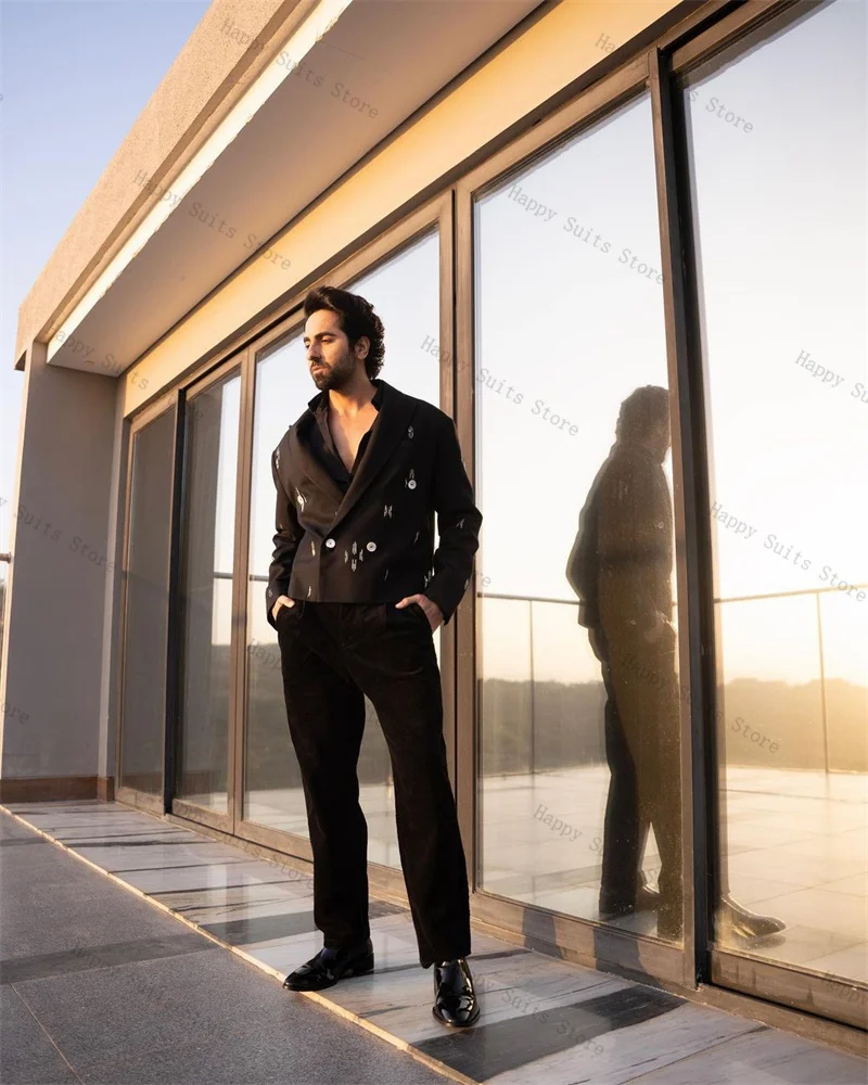 Completo da uomo marrone Set 2 pezzi Giacca in cotone + pantaloni Sposo Smoking da sposa Ufficio formale Doppio petto Giacca personalizzata da lavoro