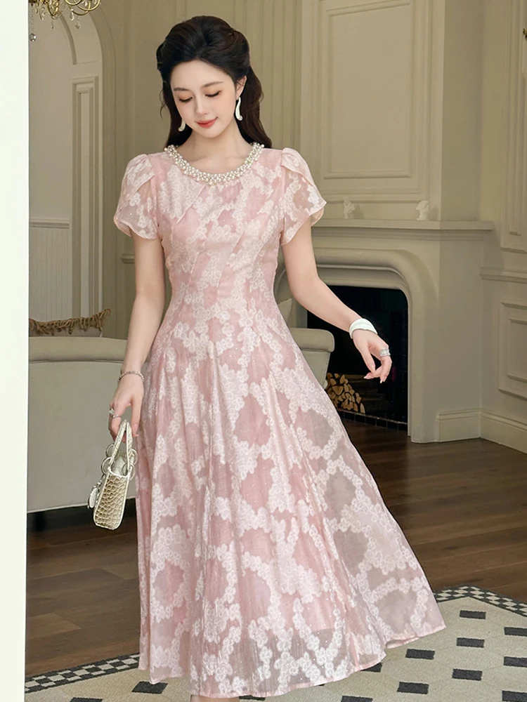 Nuove donne estive abiti rosa perla girocollo volant manica corta maxi abito abito dolce ed elegante abito da sera da ballo per feste da donna