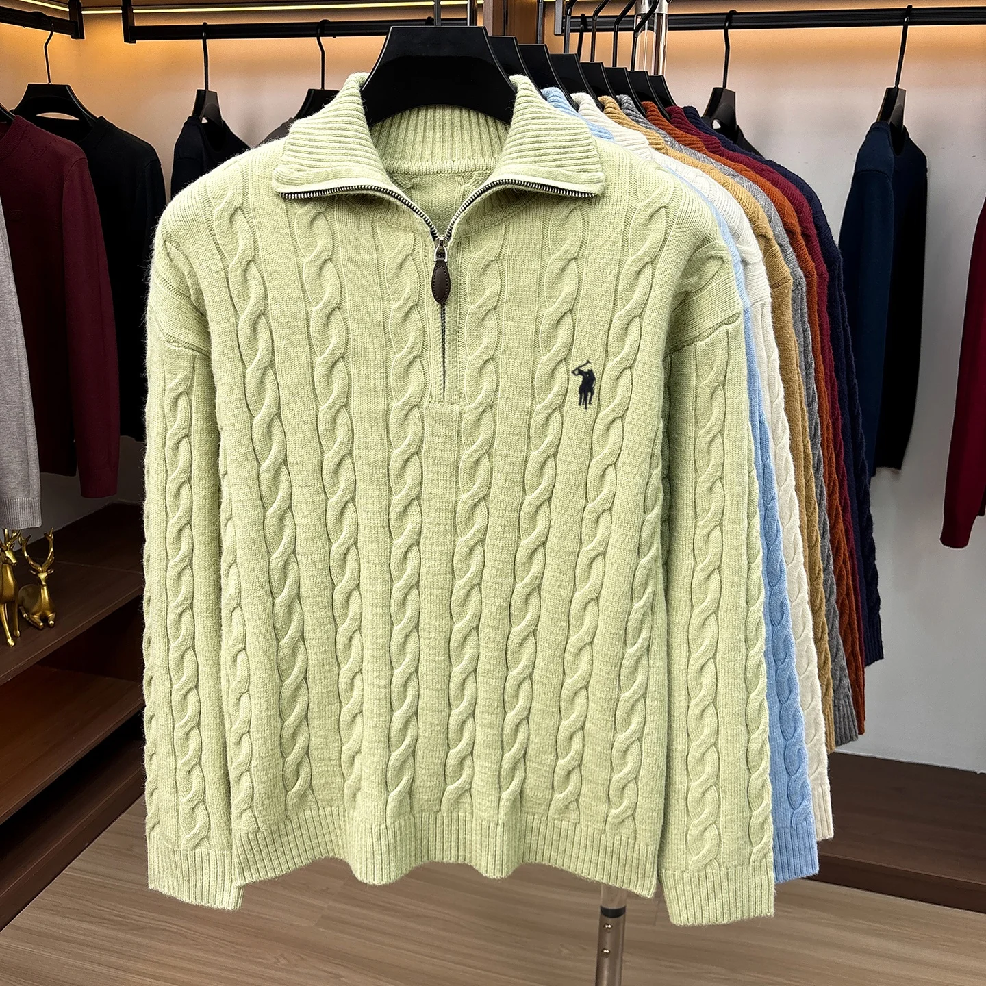 Herbst Winter Neuer Pullover Klassische Mode Jacquard Herren Retro Reißverschluss Stehkragen Luxus Paul Pony Stickerei Lässiger Strickpullover – Detail 14