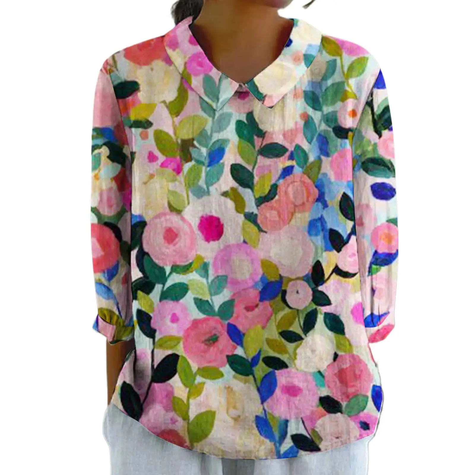 

Women's Vintage Blouses Casual Soring Fall Long-sleeve Linen Lapel Print Fashion Loose Shirt Elegant Women Top Clothing