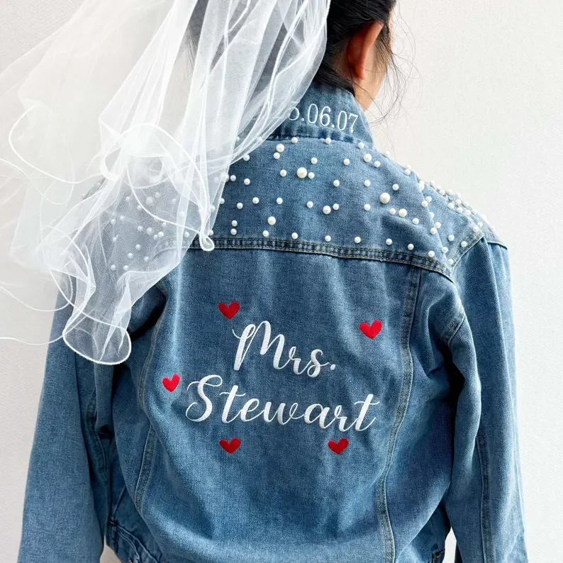 

2025 Custom Embroidered Bride Denim Jacket Wedding Pearl Beads Personalized Gift for Wife, Bridal Shower Valentine's Day Couple