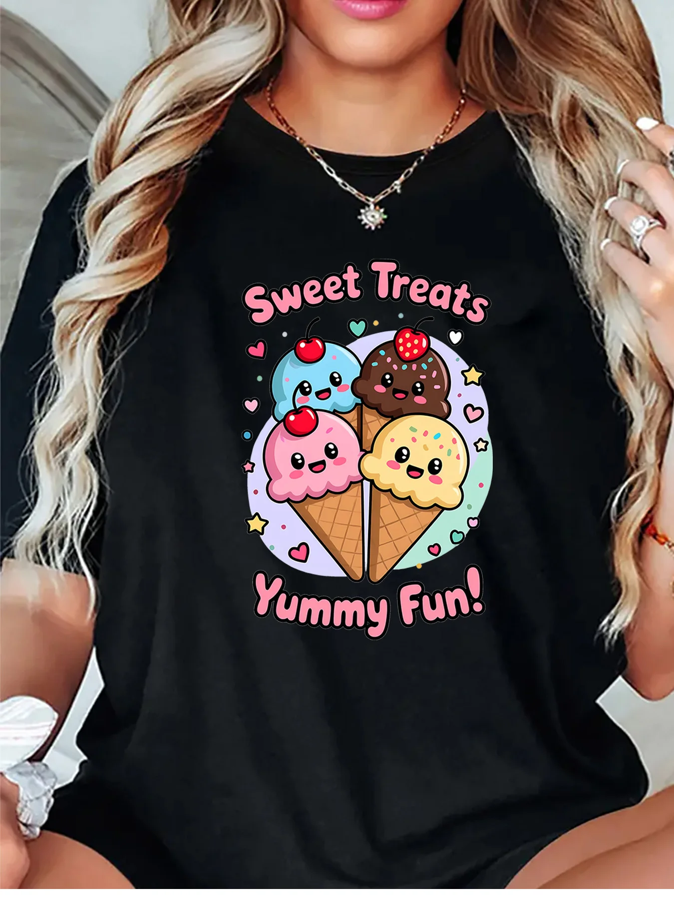 Cute Sweet Treats Yummy Fun Ice Cream Cone Heart Star Art Print Graphic Ladies T Shirt Short Sleeve Crew Neck Casual Tee Tops