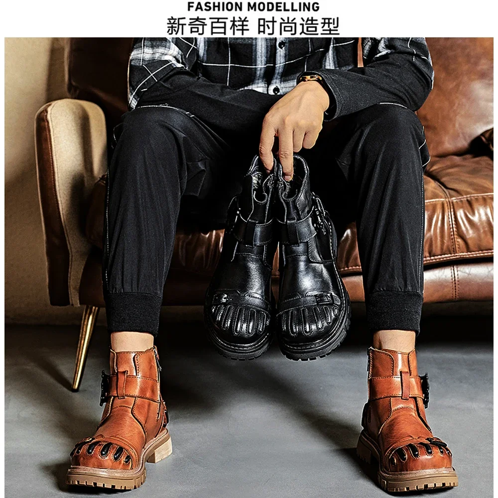 Fashion Men\'s Genuine Leather Goth Skull Punk Motorcycle BootsCowboy Male Ankle Platform Work Boots ZIP