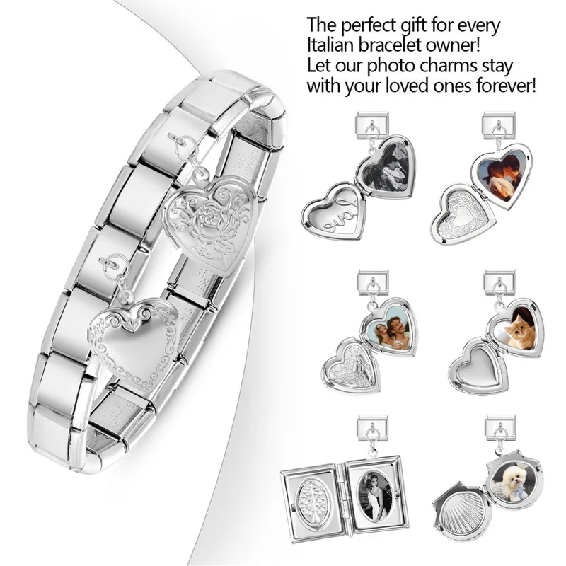 Y2K Personalized Customization Picture Image Square Heart Flip-Top Pendant Charm 9MM Stainless Steel Bracelet DIY Making Jewelry